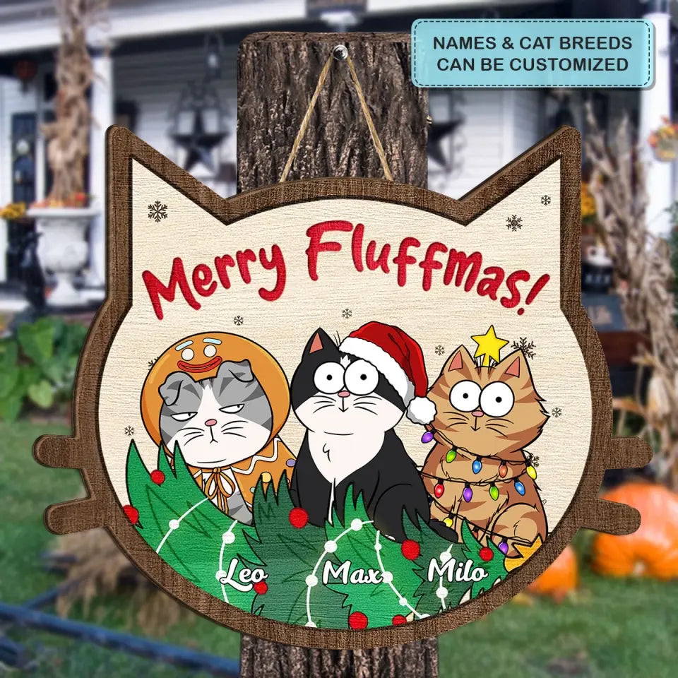 Merry Fluffmas - Personalized Custom Door Sign - Christmas Cat Funny - Gift For Cat Mom, Cat Dad, Cat Lover, Cat Owner