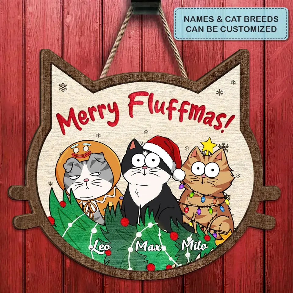 Merry Fluffmas - Personalized Custom Door Sign - Christmas Cat Funny - Gift For Cat Mom, Cat Dad, Cat Lover, Cat Owner