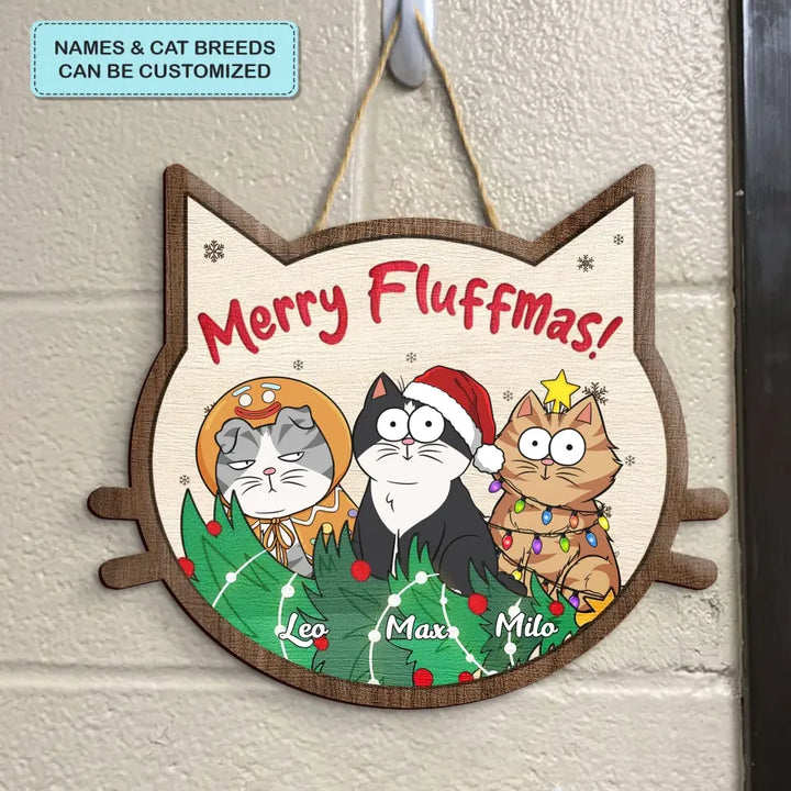 Merry Fluffmas - Personalized Custom Door Sign - Christmas Cat Funny - Gift For Cat Mom, Cat Dad, Cat Lover, Cat Owner