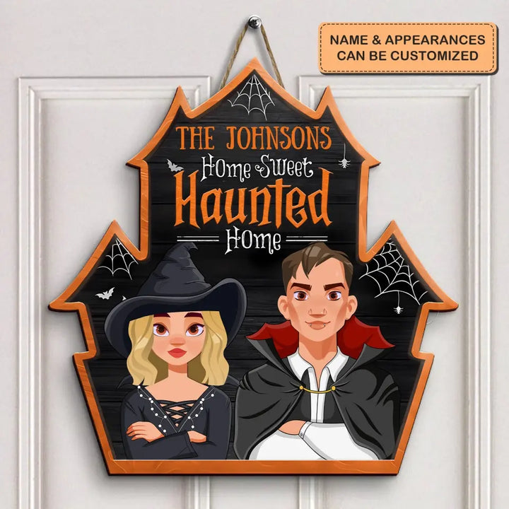 Home Sweet Haunted Home - Personalized Custom Door Sign - Halloween Gift For Cat Mom, Cat Dad, Cat Lover, Cat Owner