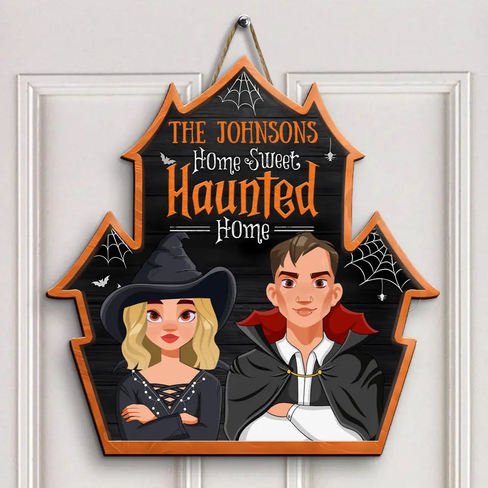 Home Sweet Haunted Home - Personalized Custom Door Sign - Halloween Gift For Cat Mom, Cat Dad, Cat Lover, Cat Owner