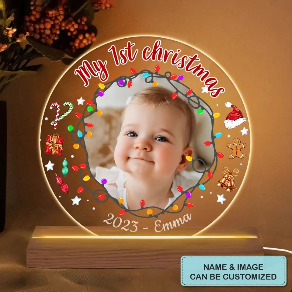 My 1st Christmas Custom Photo - Personalized Custom 3D LED Light Wooden Base - Christmas Gift For Baby