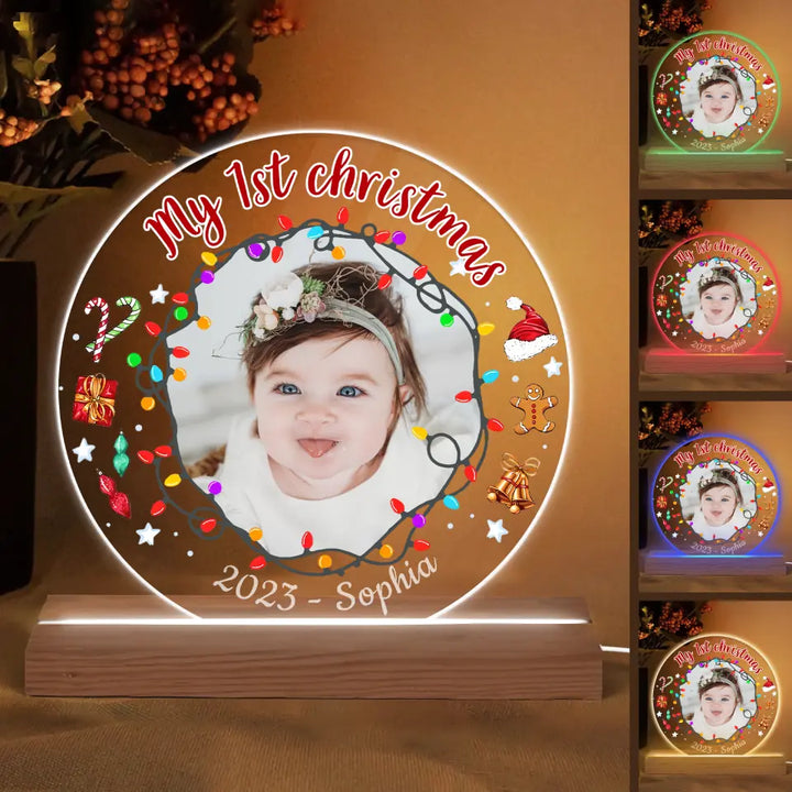 My 1st Christmas Custom Photo - Personalized Custom 3D LED Light Wooden Base - Christmas Gift For Baby