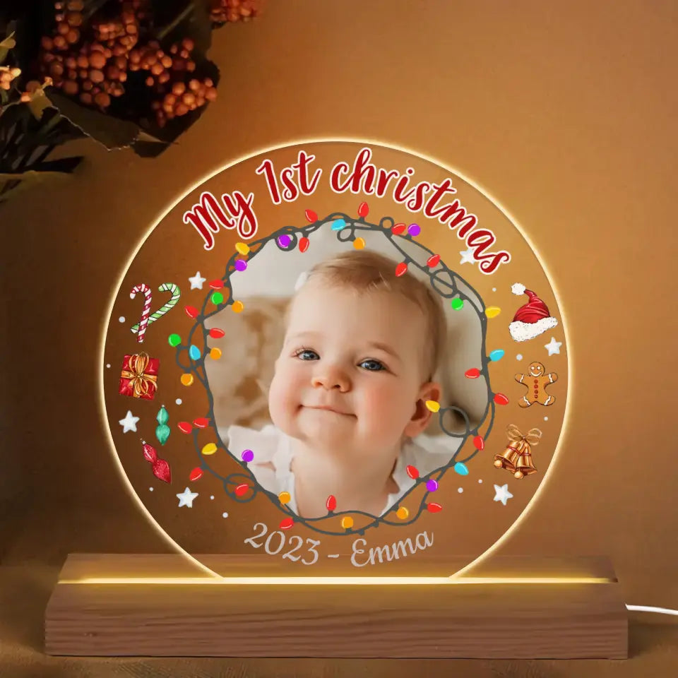 My 1st Christmas Custom Photo - Personalized Custom 3D LED Light Wooden Base - Christmas Gift For Baby