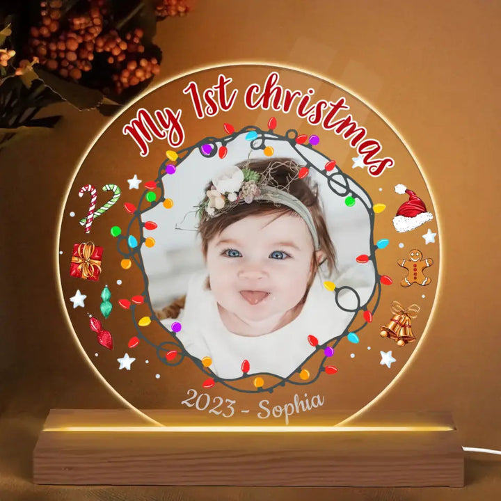 My 1st Christmas Custom Photo - Personalized Custom 3D LED Light Wooden Base - Christmas Gift For Baby