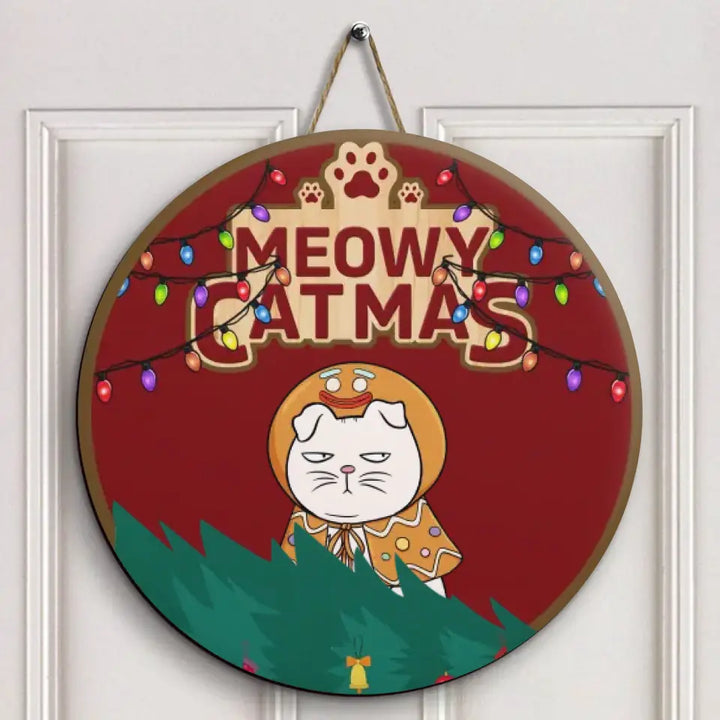 Meowy Christmas - Personalized Custom Door Sign - Christmas Cat Funny - Gift For Cat Mom, Cat Dad, Cat Lover, Cat Owner