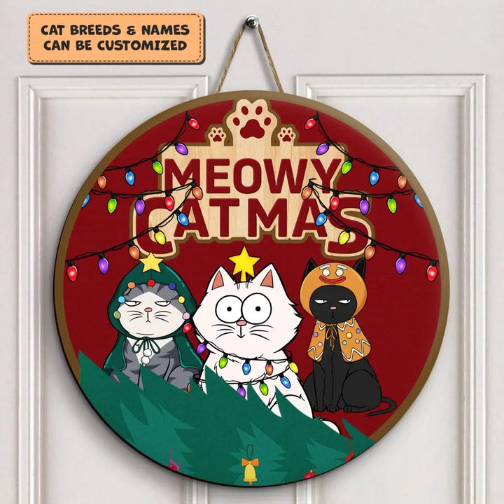 Meowy Christmas - Personalized Custom Door Sign - Christmas Cat Funny - Gift For Cat Mom, Cat Dad, Cat Lover, Cat Owner