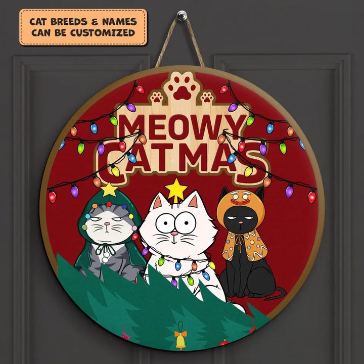 Meowy Christmas - Personalized Custom Door Sign - Christmas Cat Funny - Gift For Cat Mom, Cat Dad, Cat Lover, Cat Owner