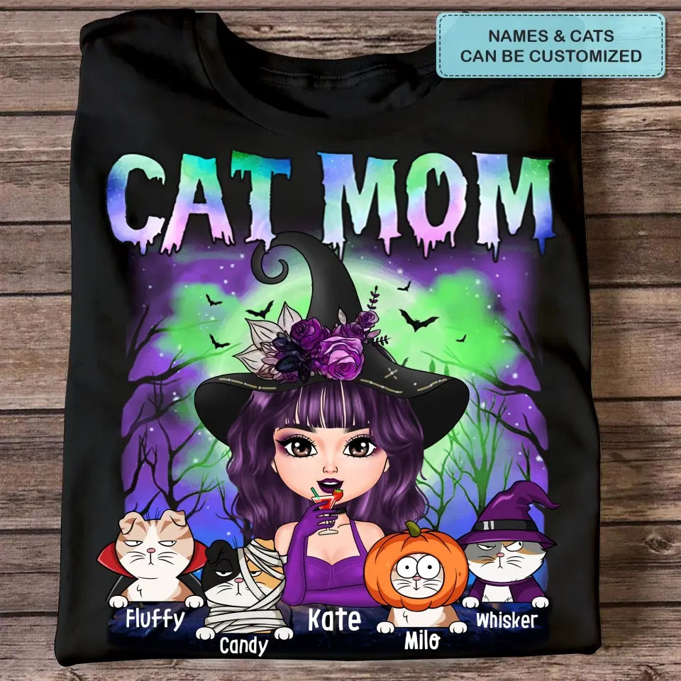 Cat Mom Witch Halloween - Personalized Custom T-shirt - Halloween Gift For Witch, Bestie, Cat Lover