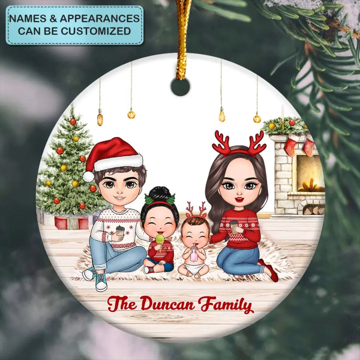 Family Sitting At Fireplace - Personalized Custom Ceramic Ornament - Christmas Gift For Family Members