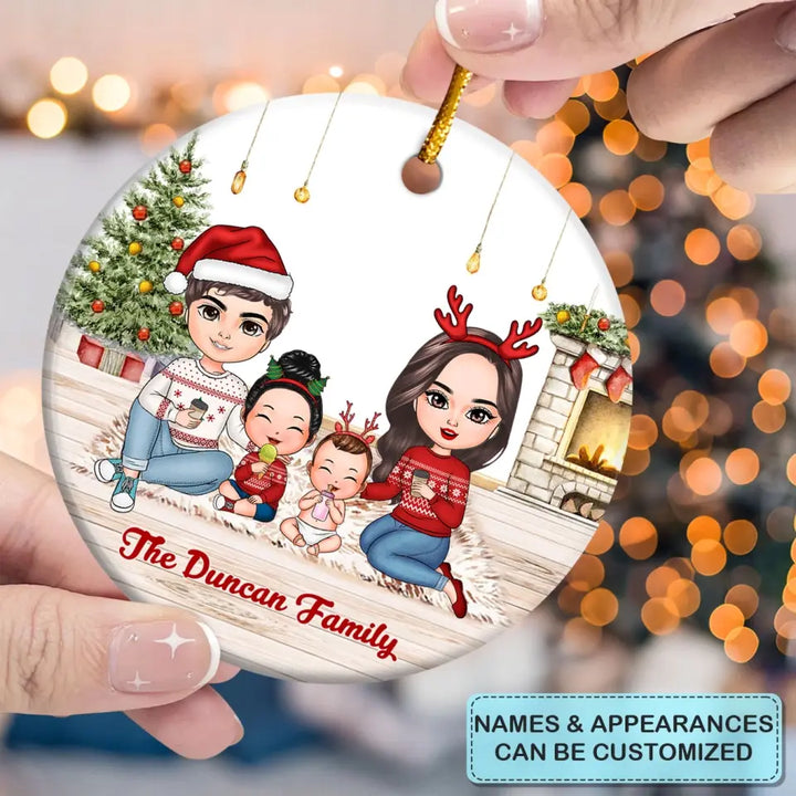 Family Sitting At Fireplace - Personalized Custom Ceramic Ornament - Christmas Gift For Family Members