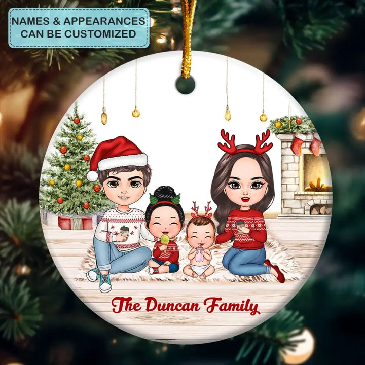 Family Sitting At Fireplace - Personalized Custom Ceramic Ornament - Christmas Gift For Family Members