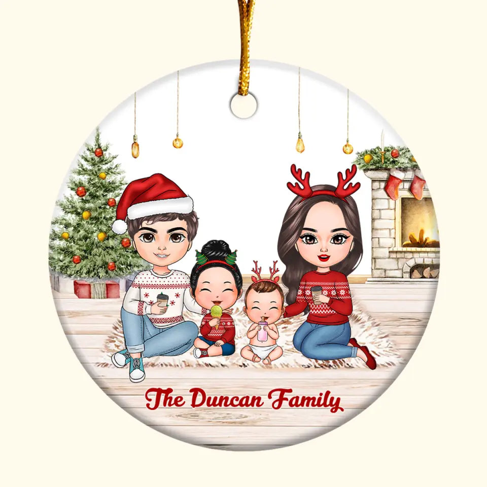 Family Sitting At Fireplace - Personalized Custom Ceramic Ornament - Christmas Gift For Family Members