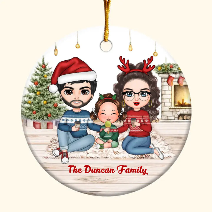 Family Sitting At Fireplace - Personalized Custom Ceramic Ornament - Christmas Gift For Family Members