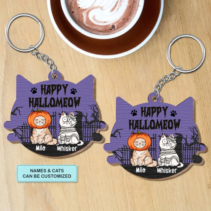 Happy Hallomeow Halloween - Personalized Custom Wooden Keychain - Halloween Gift For Cat Mom, Cat Dad, Cat Lover, Cat Owner