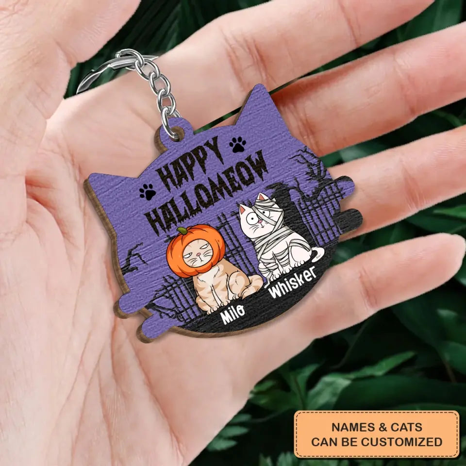 Happy Hallomeow Halloween - Personalized Custom Wooden Keychain - Halloween Gift For Cat Mom, Cat Dad, Cat Lover, Cat Owner