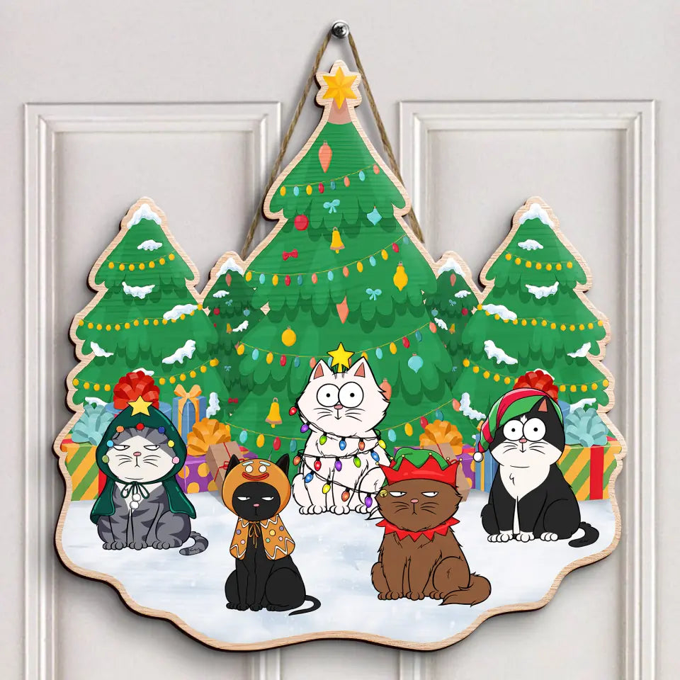 Cats Christmas Tree - Personalized Custom Door Sign - Christmas Cat Funny Gift For Cat Mom, Cat Dad, Cat Lover, Cat Owner