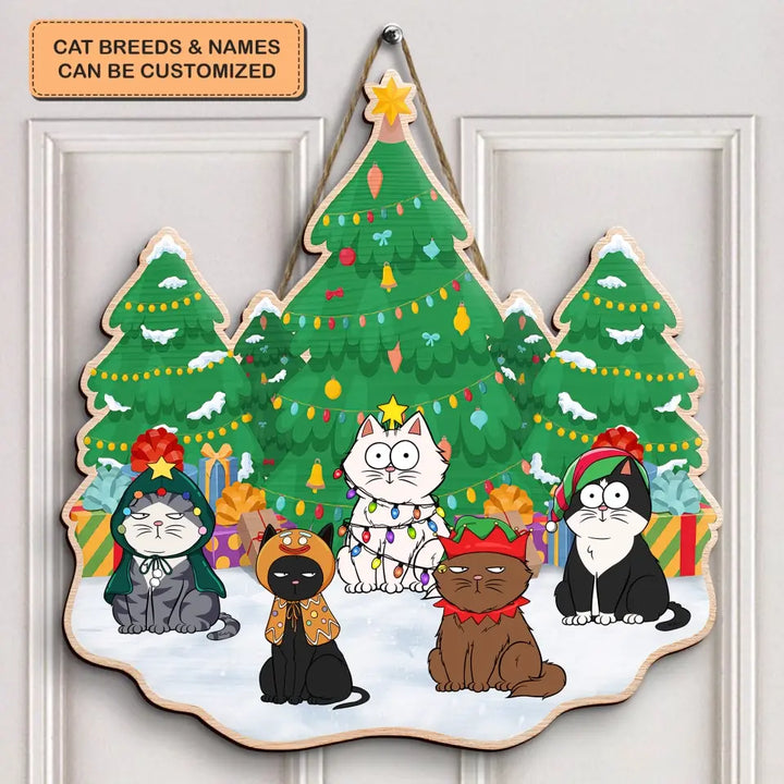 Cats Christmas Tree - Personalized Custom Door Sign - Christmas Cat Funny Gift For Cat Mom, Cat Dad, Cat Lover, Cat Owner