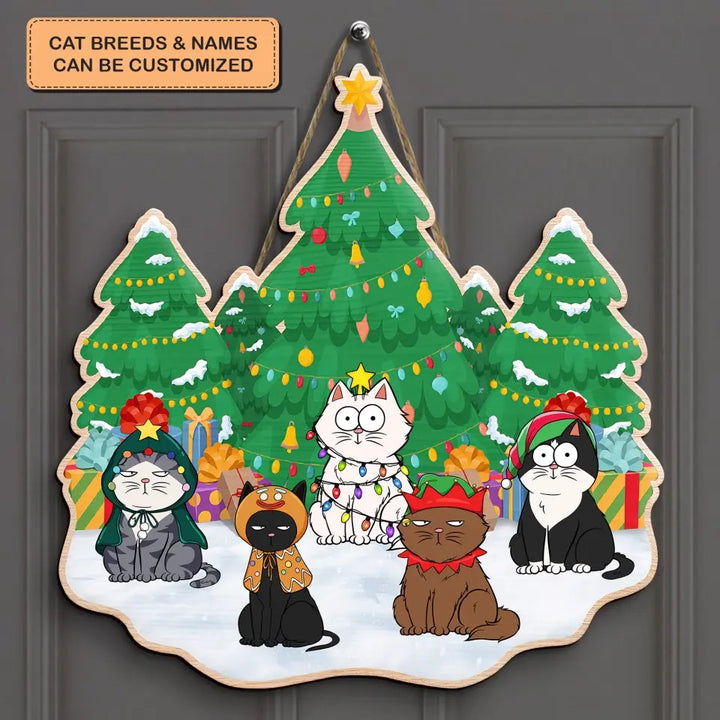 Cats Christmas Tree - Personalized Custom Door Sign - Christmas Cat Funny Gift For Cat Mom, Cat Dad, Cat Lover, Cat Owner