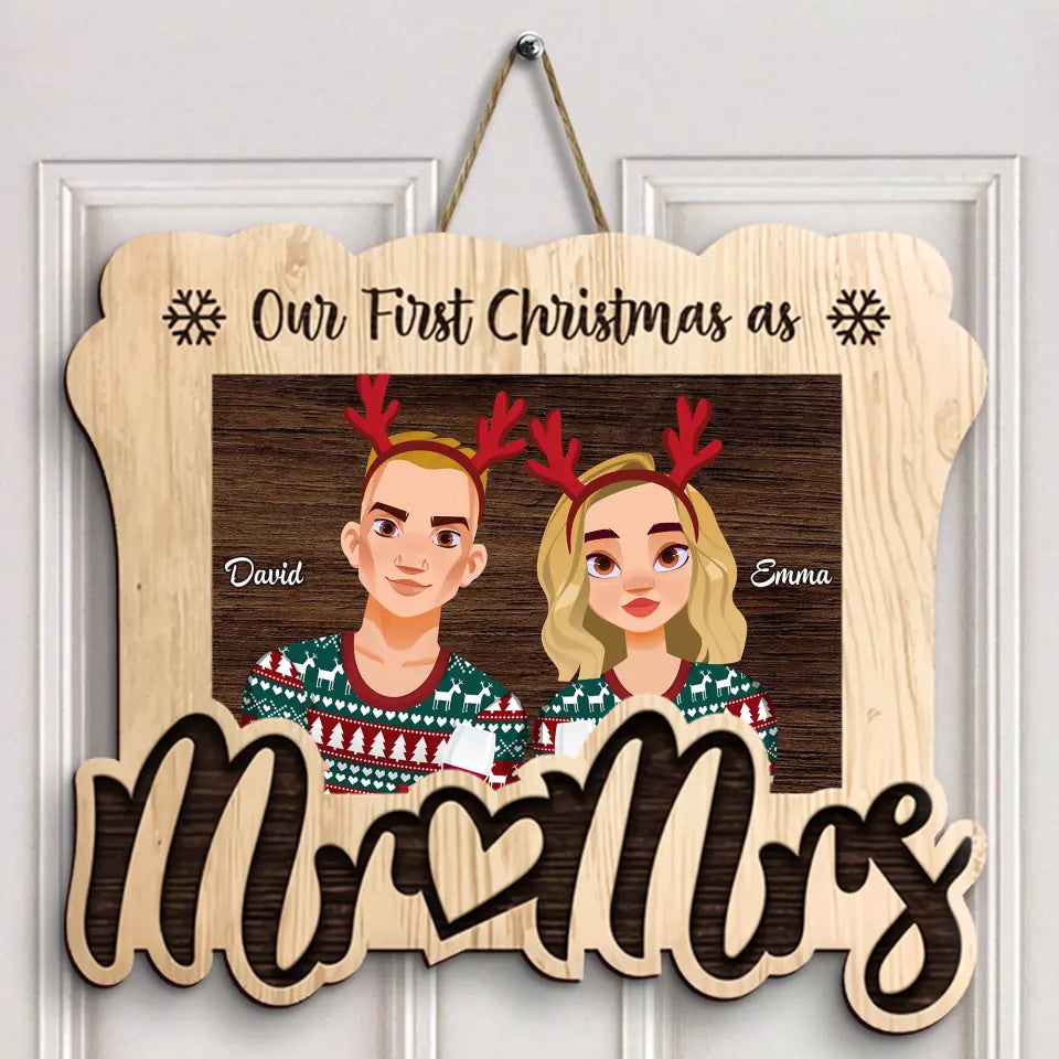 Our First Christmas As Mr & Mrs - Personalized Custom Door Sign - Christmas Gift For Couple, Wife, Husband
