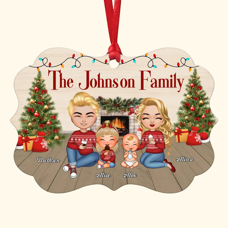 Family Sitting At Fireplace - Personalized Custom Aluminium Ornament - Christmas Gift Family Members