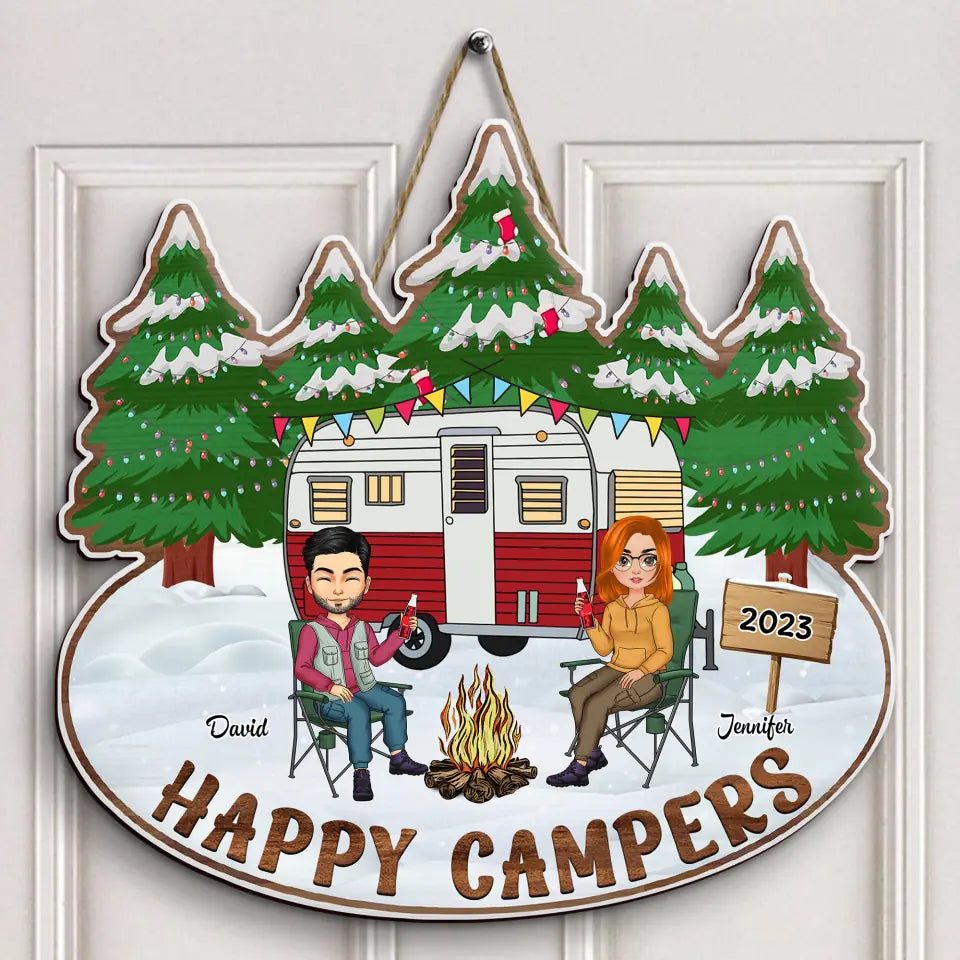 Happy Campers Christmas - Personalized Custom Door Sign - Christmas Gift For Couple, Camping Lover