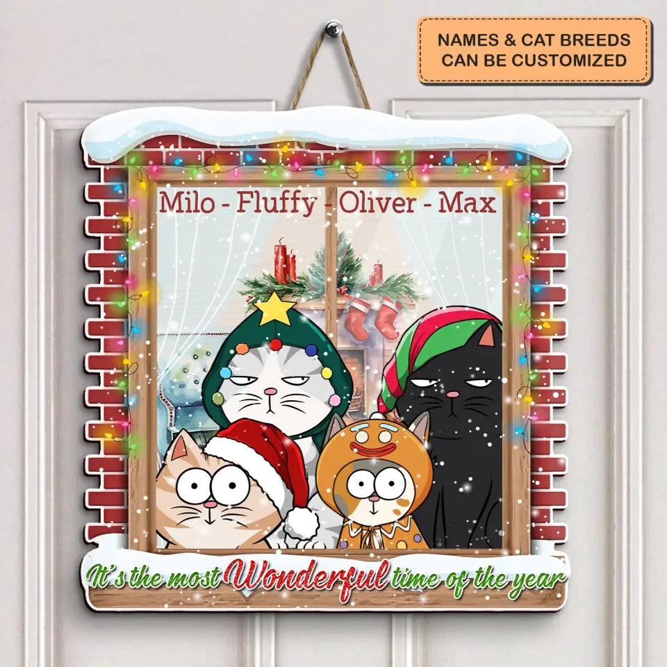 It's The Most Wonderful Time - Personalized Christmas Door Sign - Christmas Cat Funny - Gift For Cat Lover, Cat Mom, Cat Dad, Cat Owner