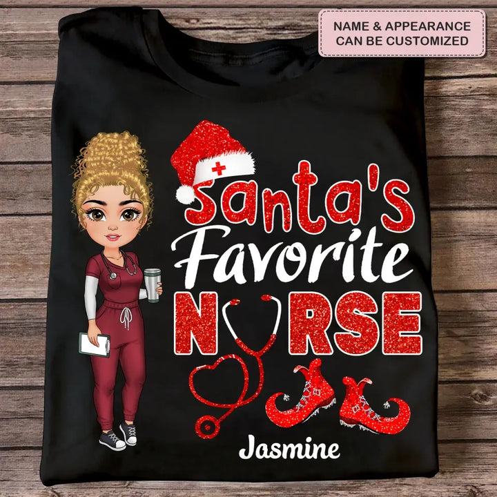 Santa's Favorite Nurse - Personalized Custom T-shirt - Nurse's Day, Appreciation, Christmas Gift For Nurse