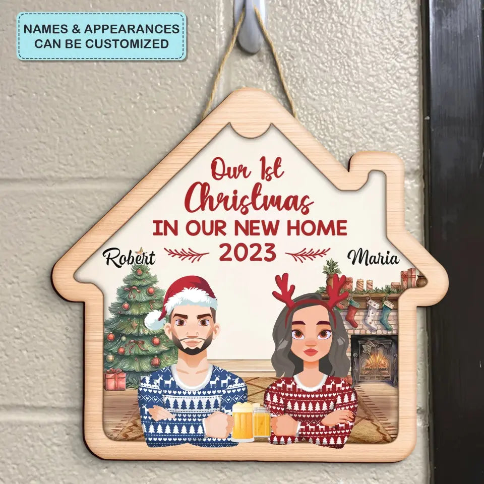 Our First Christmas In Our New Home - Personalized Custom Door Sign - Christmas Gift For Couple, Wife, Husband