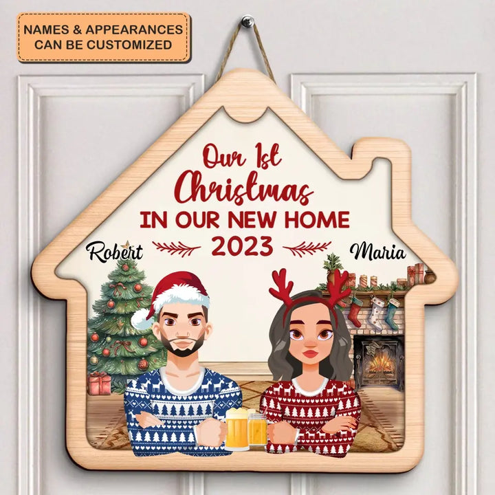 Our First Christmas In Our New Home - Personalized Custom Door Sign - Christmas Gift For Couple, Wife, Husband