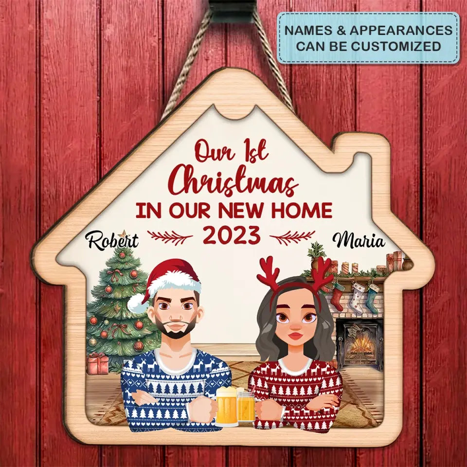 Our First Christmas In Our New Home - Personalized Custom Door Sign - Christmas Gift For Couple, Wife, Husband