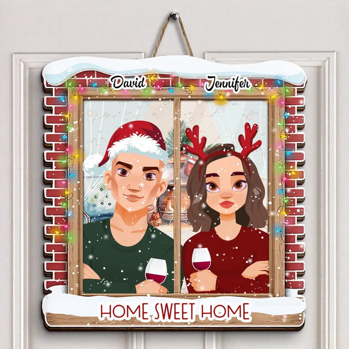 Home Sweet Home - Personalized Custom Door Sign - Christmas Gift For Couple, Wife, Husband