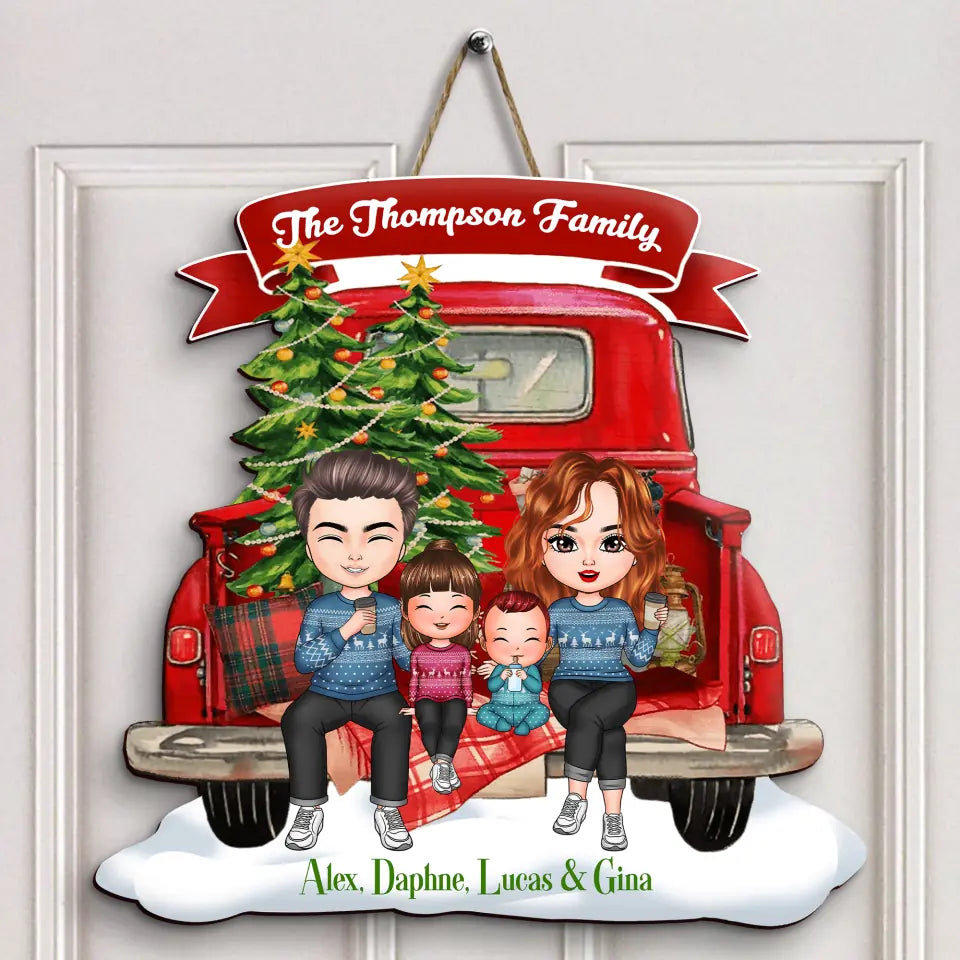 Family On Christmas Truck - Personalized Custom Door Sign - Christmas Gift For Mom, Dad, Family Member