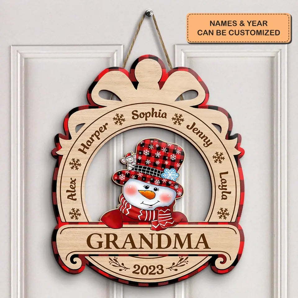 Snowman Grandma Christmas - Personalized Custom Door Sign - Christmas Gift For Grandma