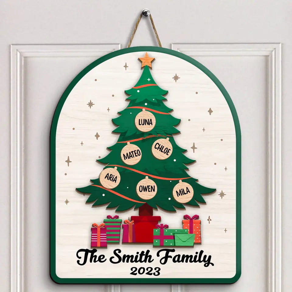 Family Christmas Tree - Personalized Custom Door Sign - Christmas Gift For Family Members