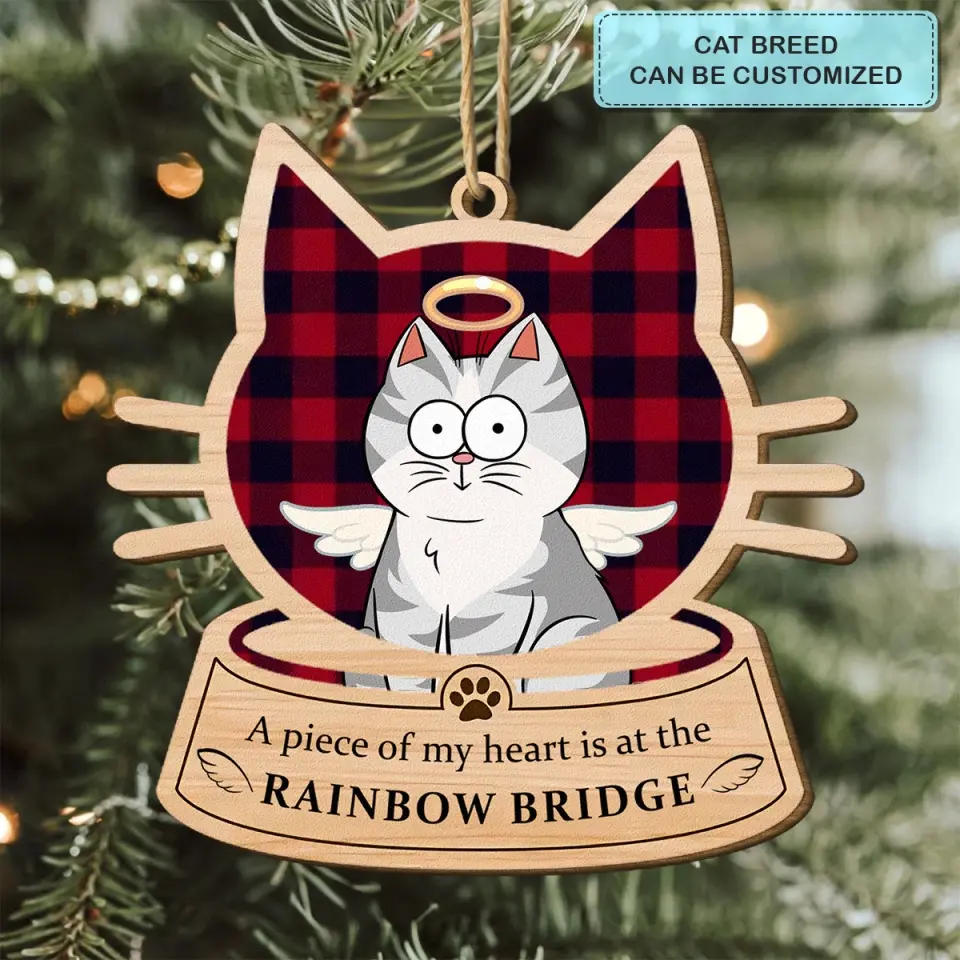 A Piece Of My Hearts Is At The Rainbow Bridge - Personalized Custom Wood Ornament - Christmas, Memorial Gift For Cat Mom, Cat Dad, Cat Lover, Cat Owner