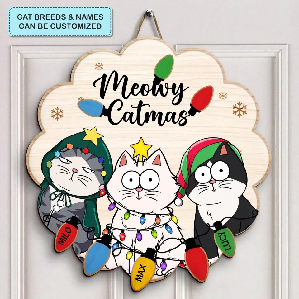 Meowy Catmas - Personalized Custom Door Sign - Chrismast Gift For Cat Mom, Cat Dad, Cat Lover, Cat Owner