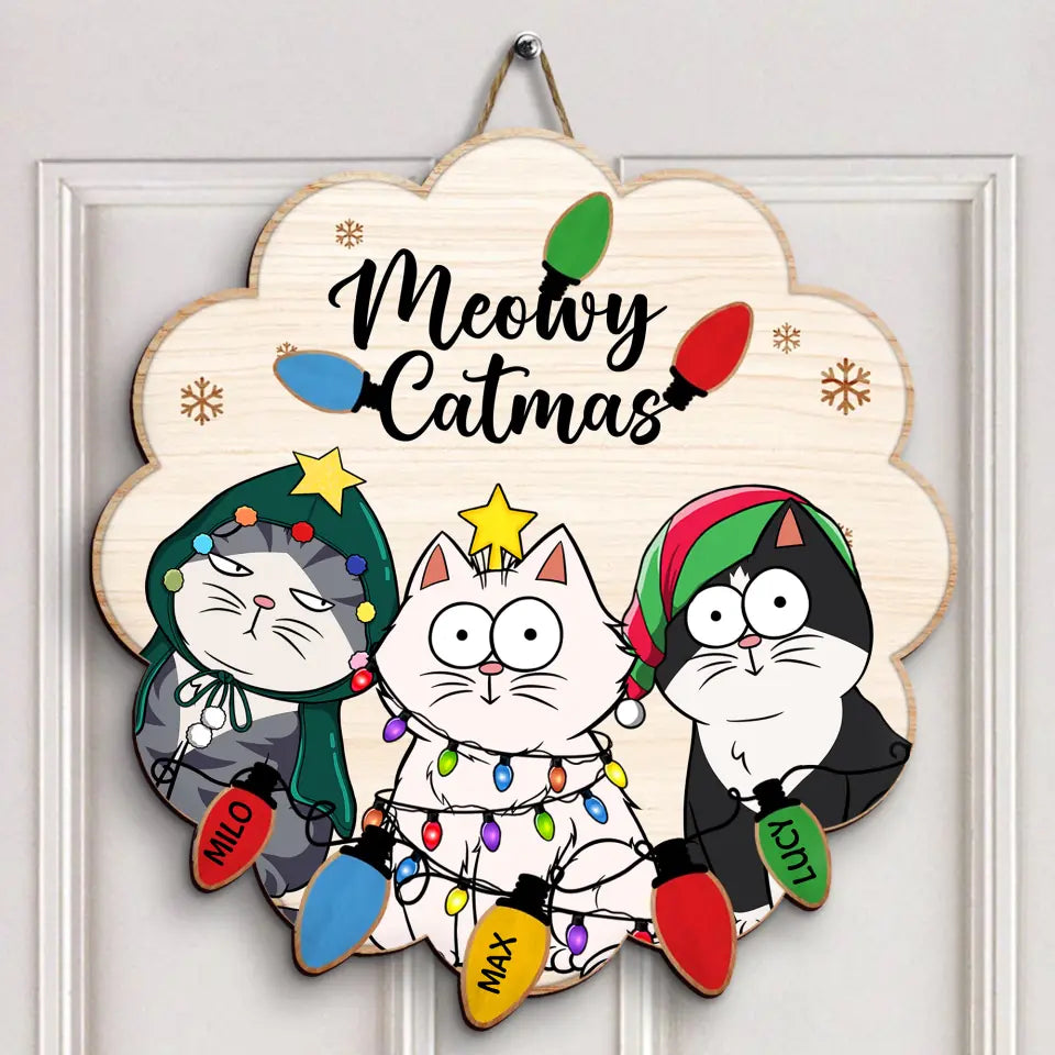 Meowy Catmas - Personalized Custom Door Sign - Chrismast Gift For Cat Mom, Cat Dad, Cat Lover, Cat Owner