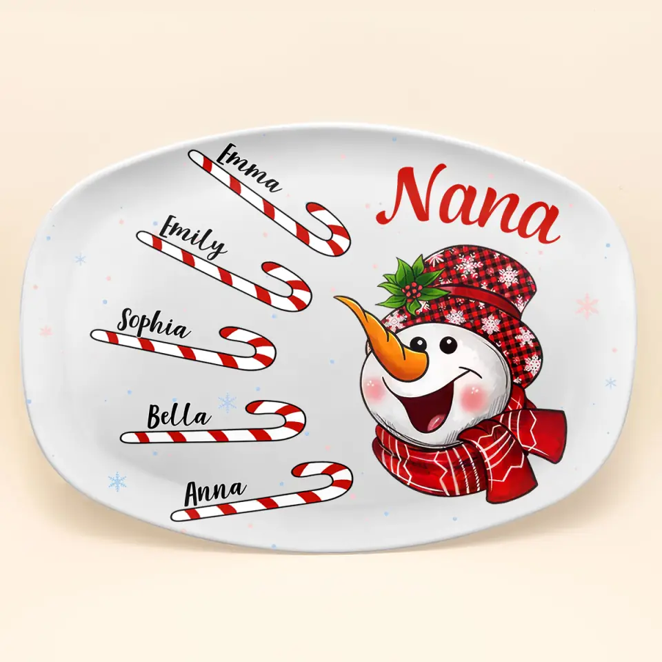 Cute Christmas Snowman Candy Cane Kids - Personalized Custom Platter - Christmas Gift For Grandma, Mom, Family Members