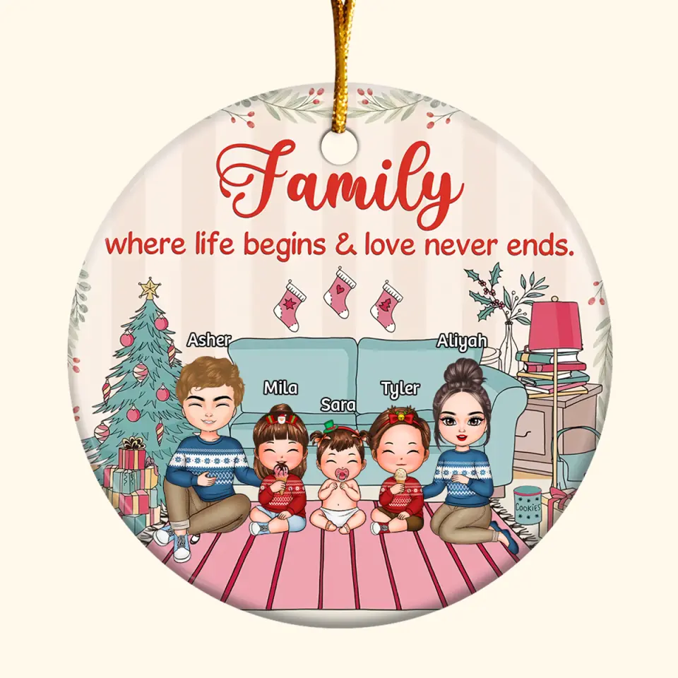Family Where Life Begins - Personalized Custom Ceramic Ornament - Christmas Gift For Couple, Family Members