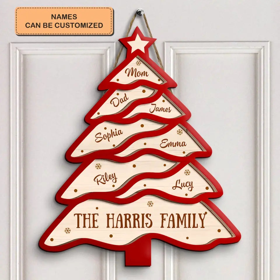 Family Red Chrismast Tree - Personalized Custom Door Sign - Christmas Gift For Grandma, Mom, Dad, Grandpa, Family Members