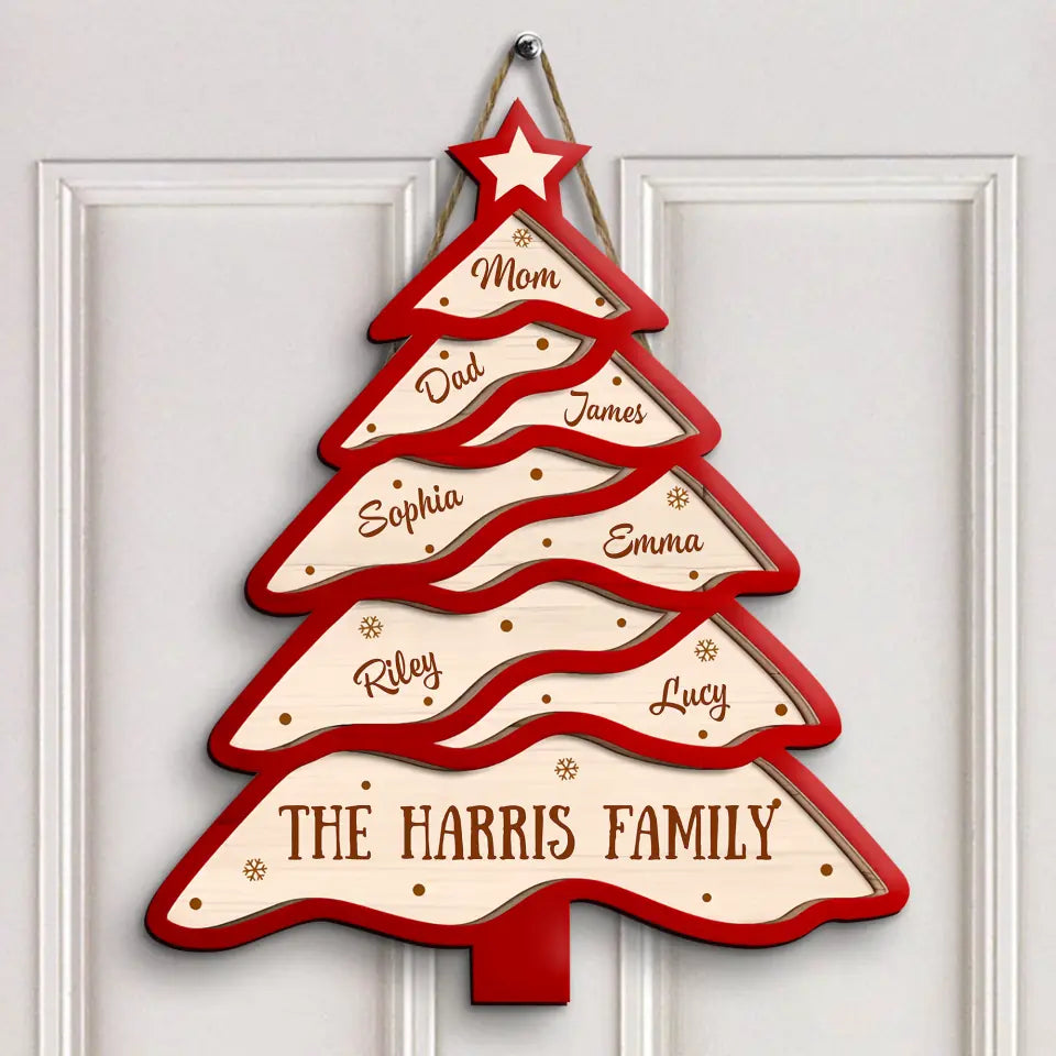 Family Red Chrismast Tree - Personalized Custom Door Sign - Christmas Gift For Grandma, Mom, Dad, Grandpa, Family Members