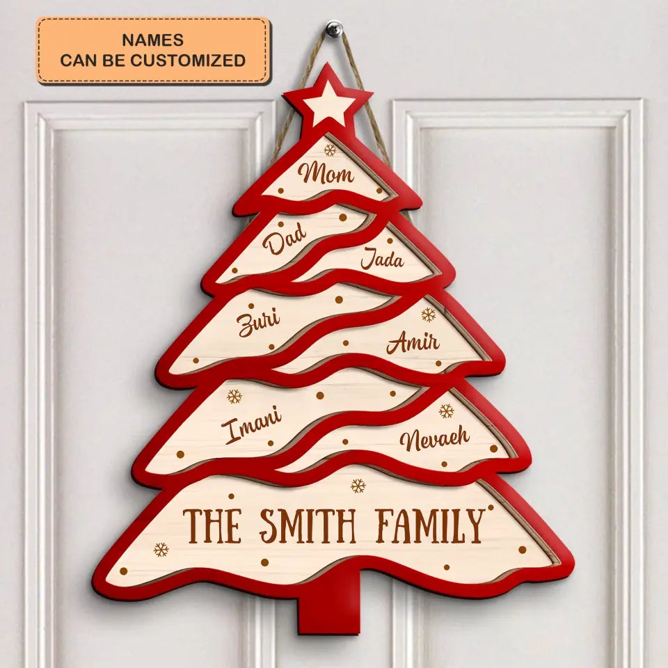 Family Red Chrismast Tree - Personalized Custom Door Sign - Christmas Gift For Grandma, Mom, Dad, Grandpa, Family Members