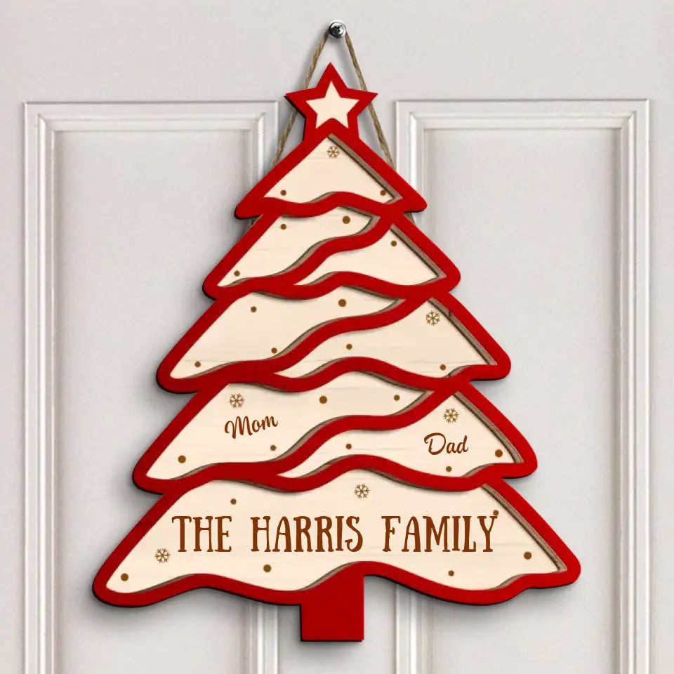 Family Red Chrismast Tree - Personalized Custom Door Sign - Christmas Gift For Grandma, Mom, Dad, Grandpa, Family Members