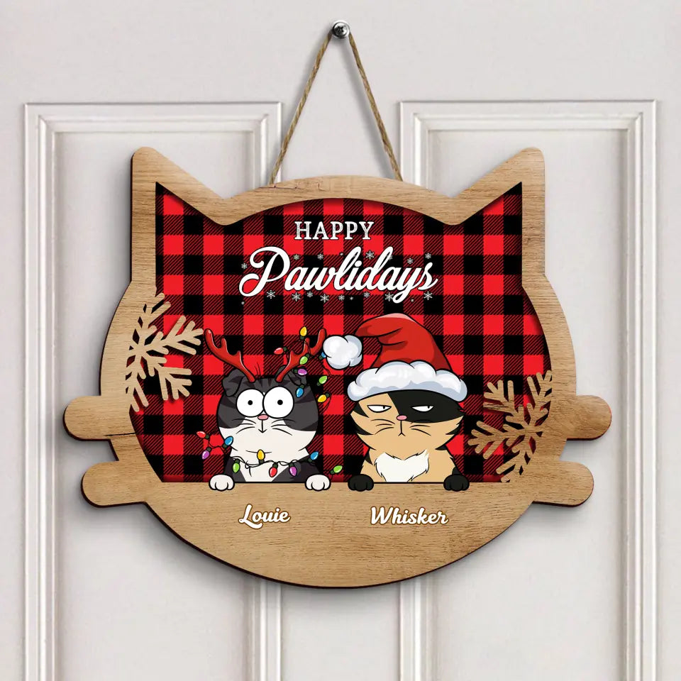 Checkered Pattern Christmas- Personalized Custom Door Sign - Christmas Gift For Cat Lover, Cat Owner, Dog Lover, Dog Owner, Cat Mom, Cat Dad, Dog Mom, Dog Dad