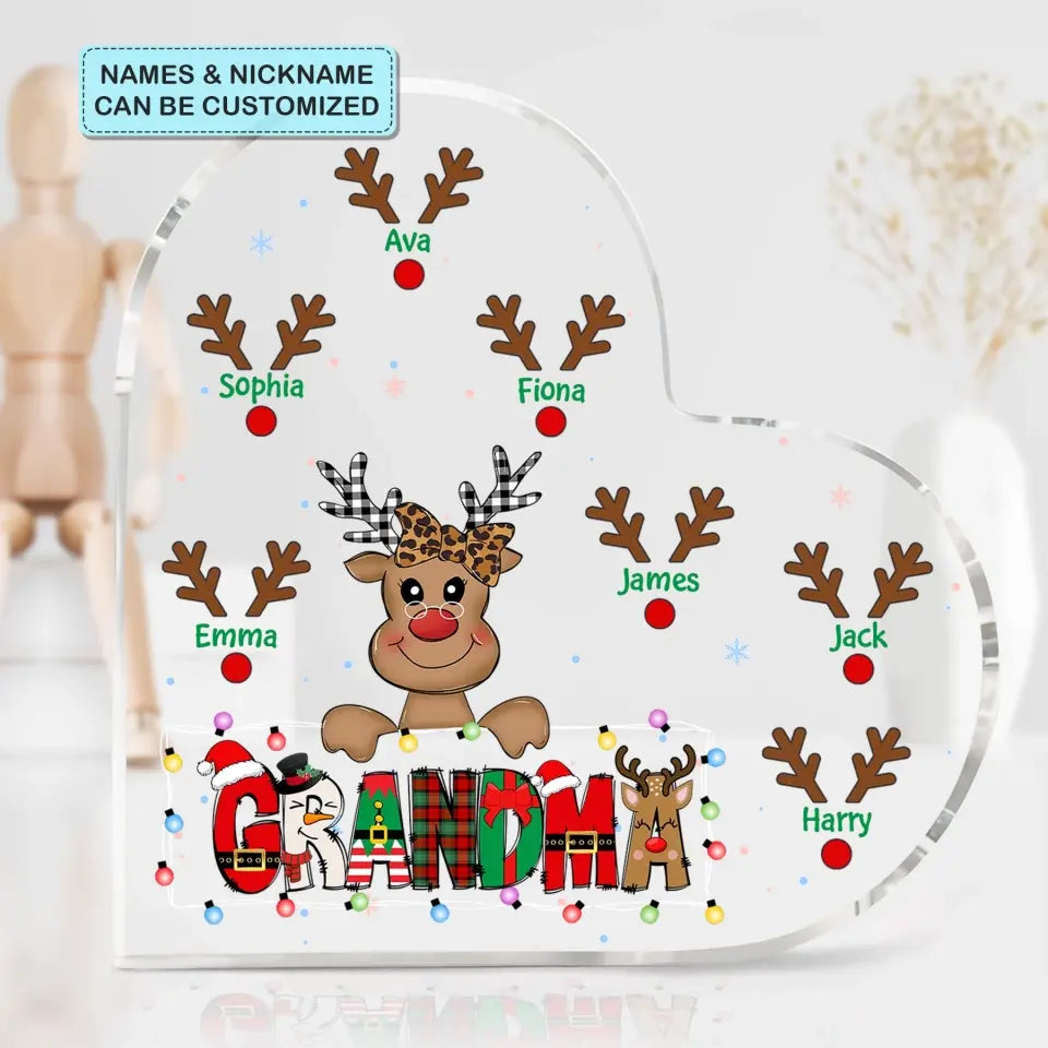 Mom Cute Reindeer Christmas Pattern - Personalized Custom Heart-shaped Acrylic Plaque - Christmas Gift For Grandma, Mom, Family Members