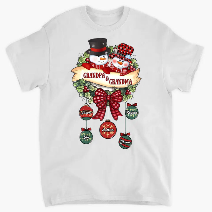 Snowman Grandma And Grandpa- Personalized Custom T-shirt - Christmas Gift For Grandma, Mom, Grandpa, Dad, Family Members
