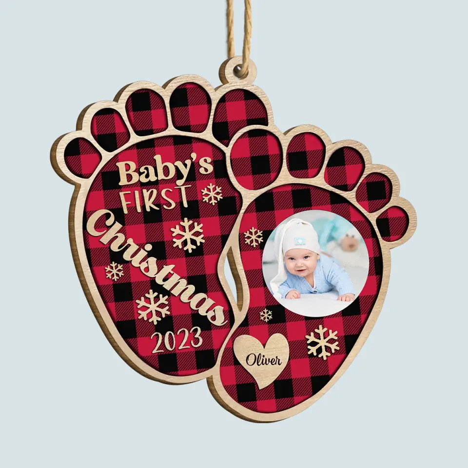 Baby's 1st Christmas Foot Print- Personalized Custom Photo Wood Ornament - Christmas Gift For Family, Family Members