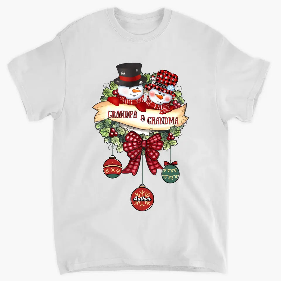Snowman Grandma And Grandpa- Personalized Custom T-shirt - Christmas Gift For Grandma, Mom, Grandpa, Dad, Family Members