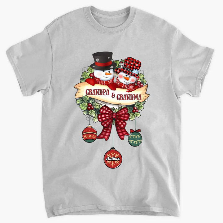 Snowman Grandma And Grandpa- Personalized Custom T-shirt - Christmas Gift For Grandma, Mom, Grandpa, Dad, Family Members